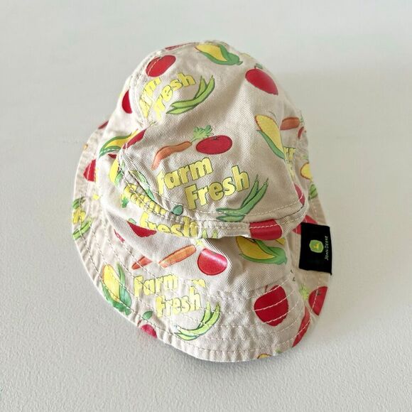 John Deere Bucket Hat Kids/Youth Fresh Produce Print Khaki Cotton Sun Cap - Picture 1 of 7
